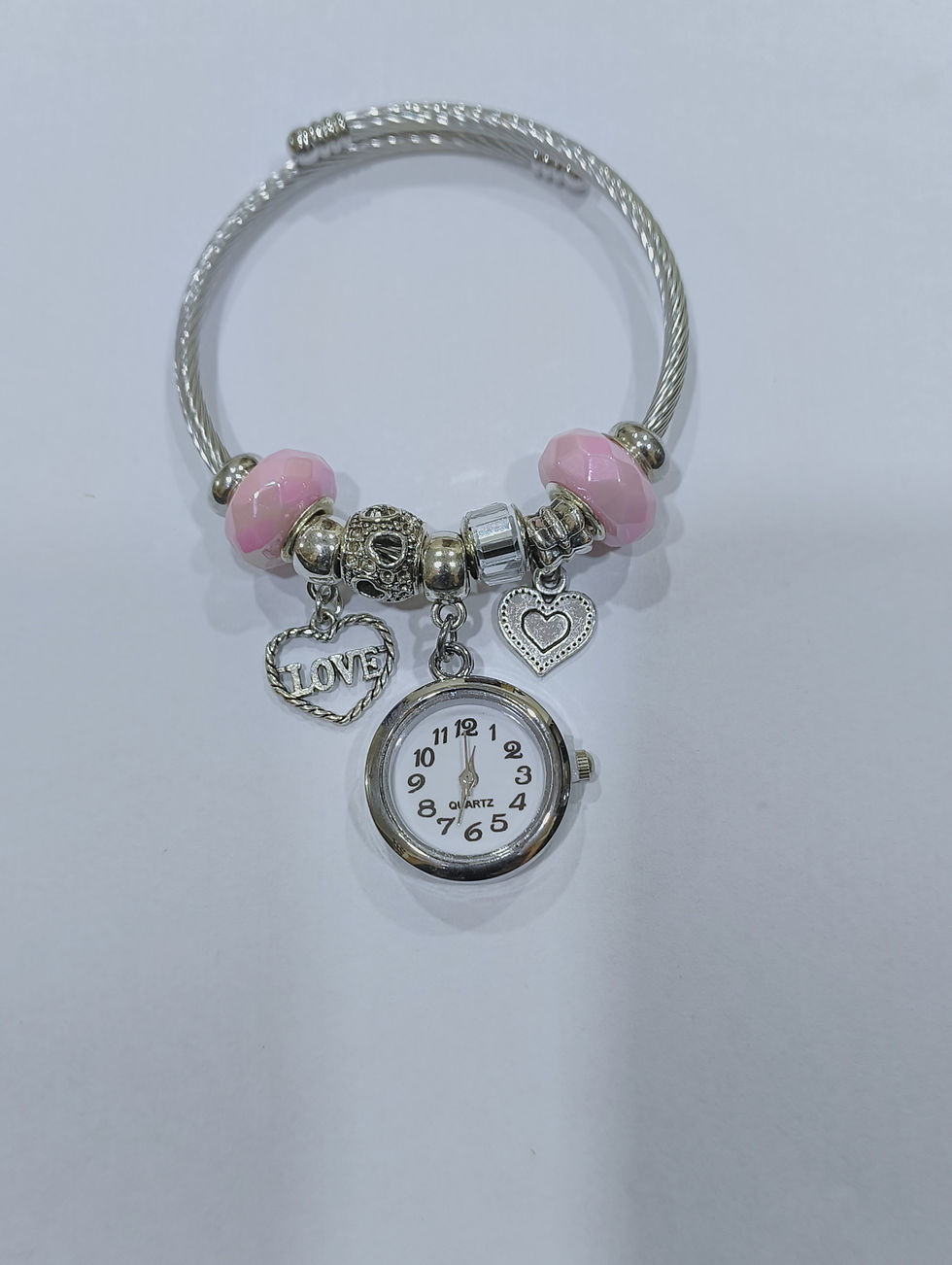 Stainless Steel Beaded Pink Heart Charms Adjustable Quartz Watch Bracelet | LOVE Charm Trendy Cuff Bangle for Women & Girls