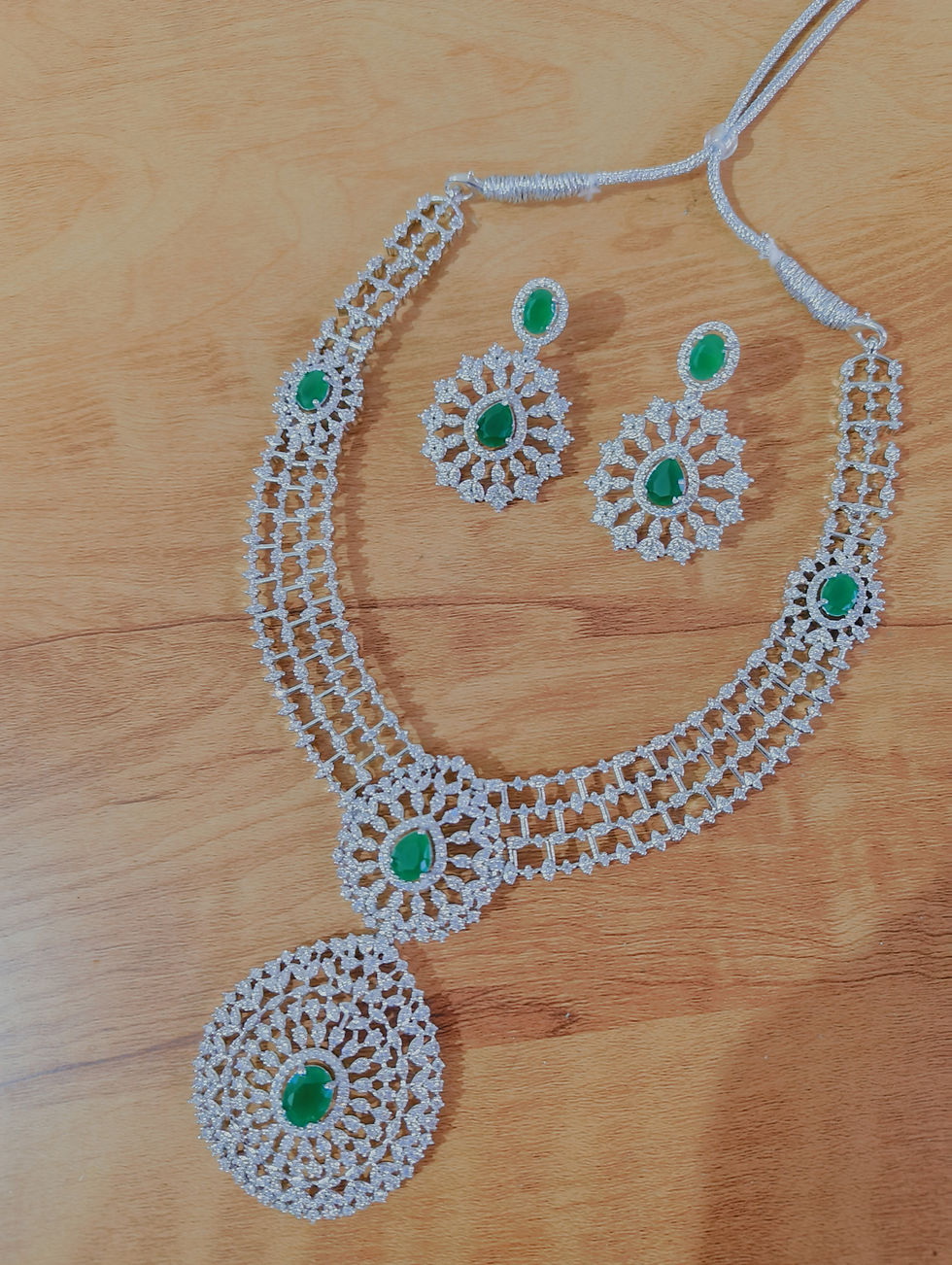 Thumbnail: Rhodium Plated Emerald CZ Diamond Necklace Set