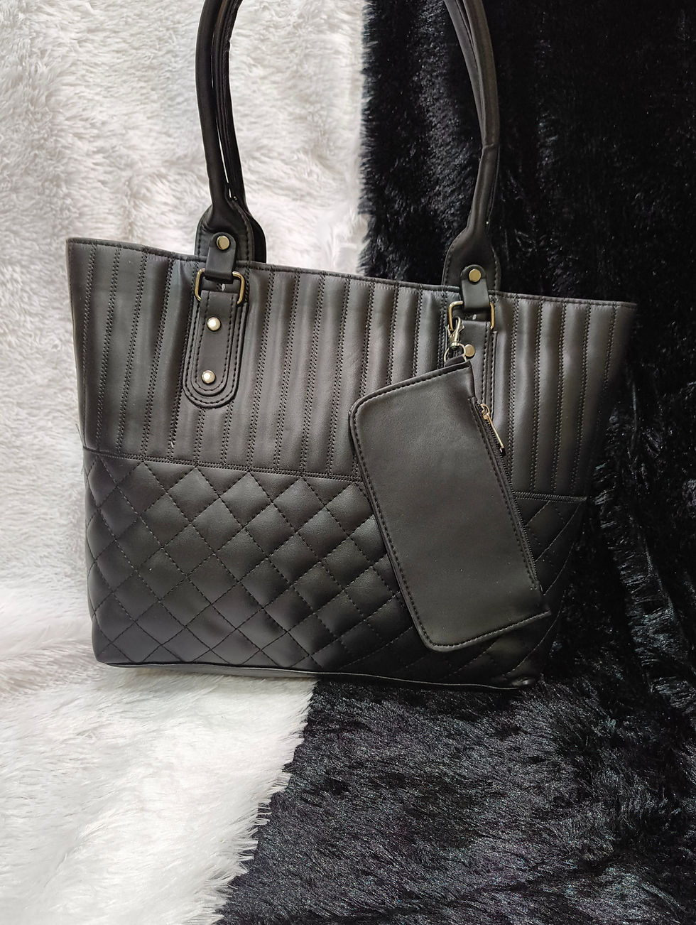Premium Quilted Black Handbag with Matching Pouch | Elegant PU Leather Shoulder Tote for Women | Office, Travel & Everyday Us