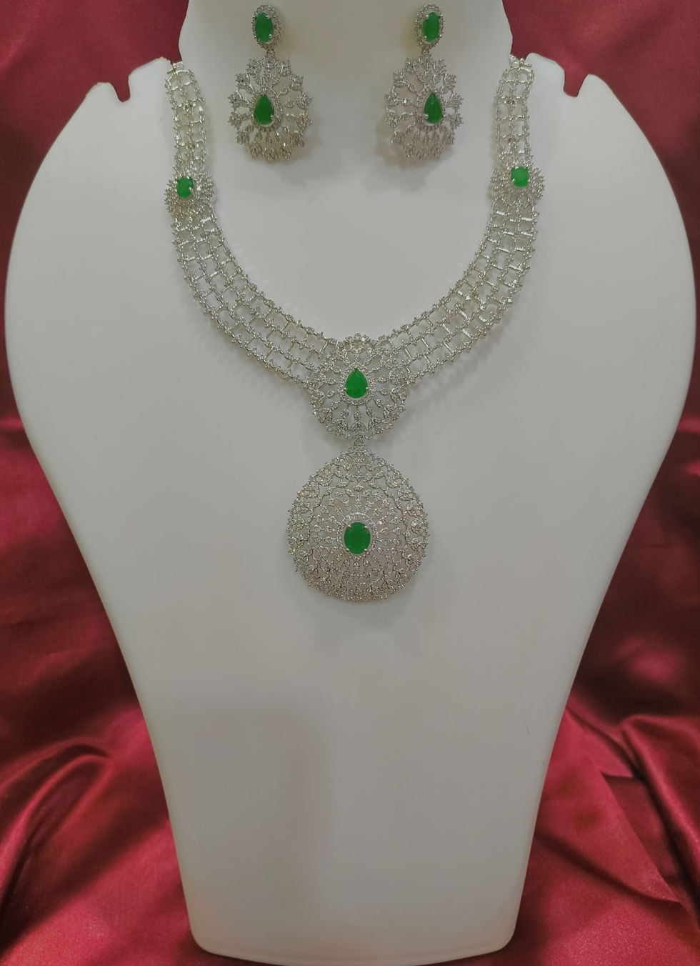 Rhodium Plated Emerald CZ Diamond Necklace Set