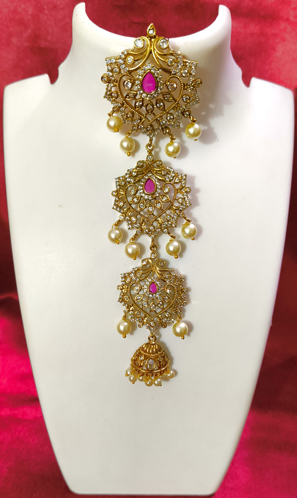 1 Gram Gold Plated Ruby AD Faux Pearls Jada Billa for Bridal Hair Styling