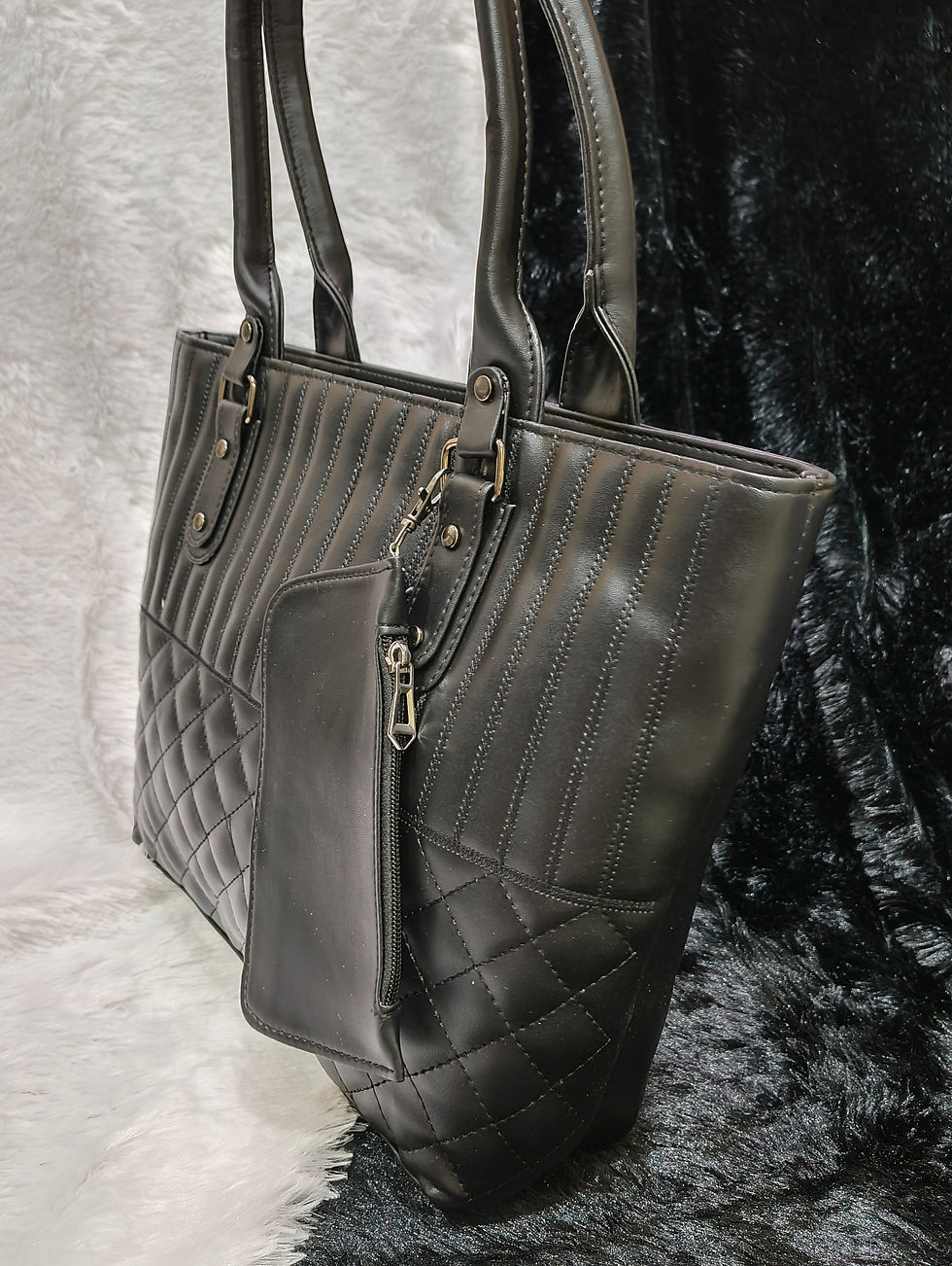 Thumbnail: Premium Quilted Black Handbag with Matching Pouch | Elegant PU Leather Shoulder Tote for Women | Office, Travel & Everyday Us