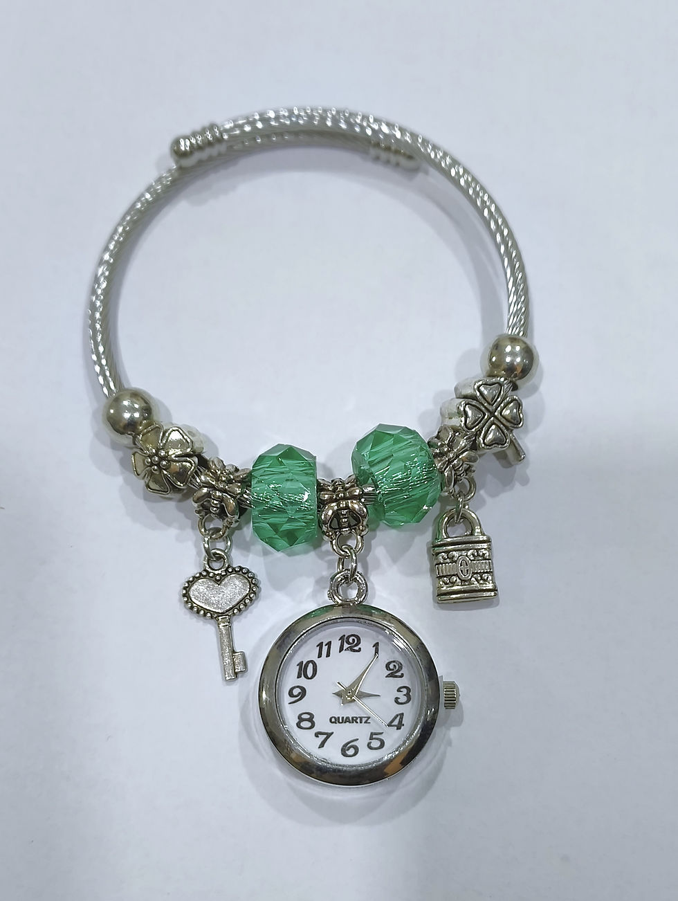 Stainless Steel Beaded Green Crystal Charms Adjustable Quartz Watch Bracelet | Stylish Key & Lock Charm Cuff Bangle for Women
