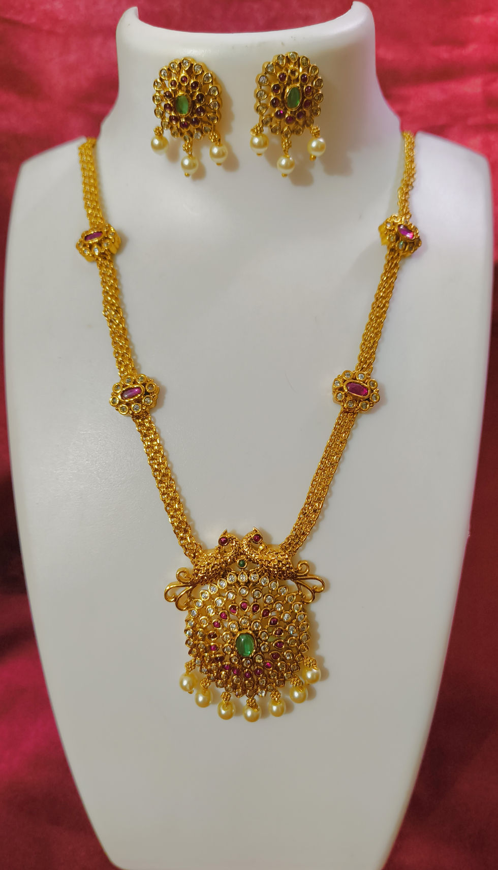 TOTAL TREASURES Gold Plated CZ Kundan Pearls Polki Peacock Mesh Chain Necklace with Matching Earrings