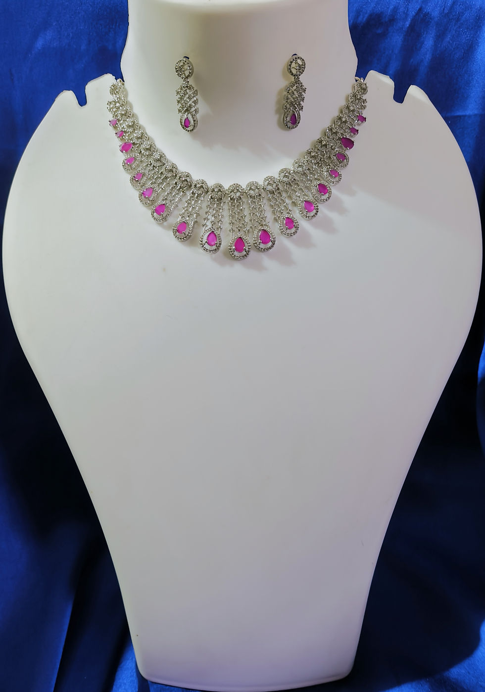 Rhodium Plated Ruby CZ Studded Choker Short Necklace With Earrings – Bridal & Party Wear Jewelry Set