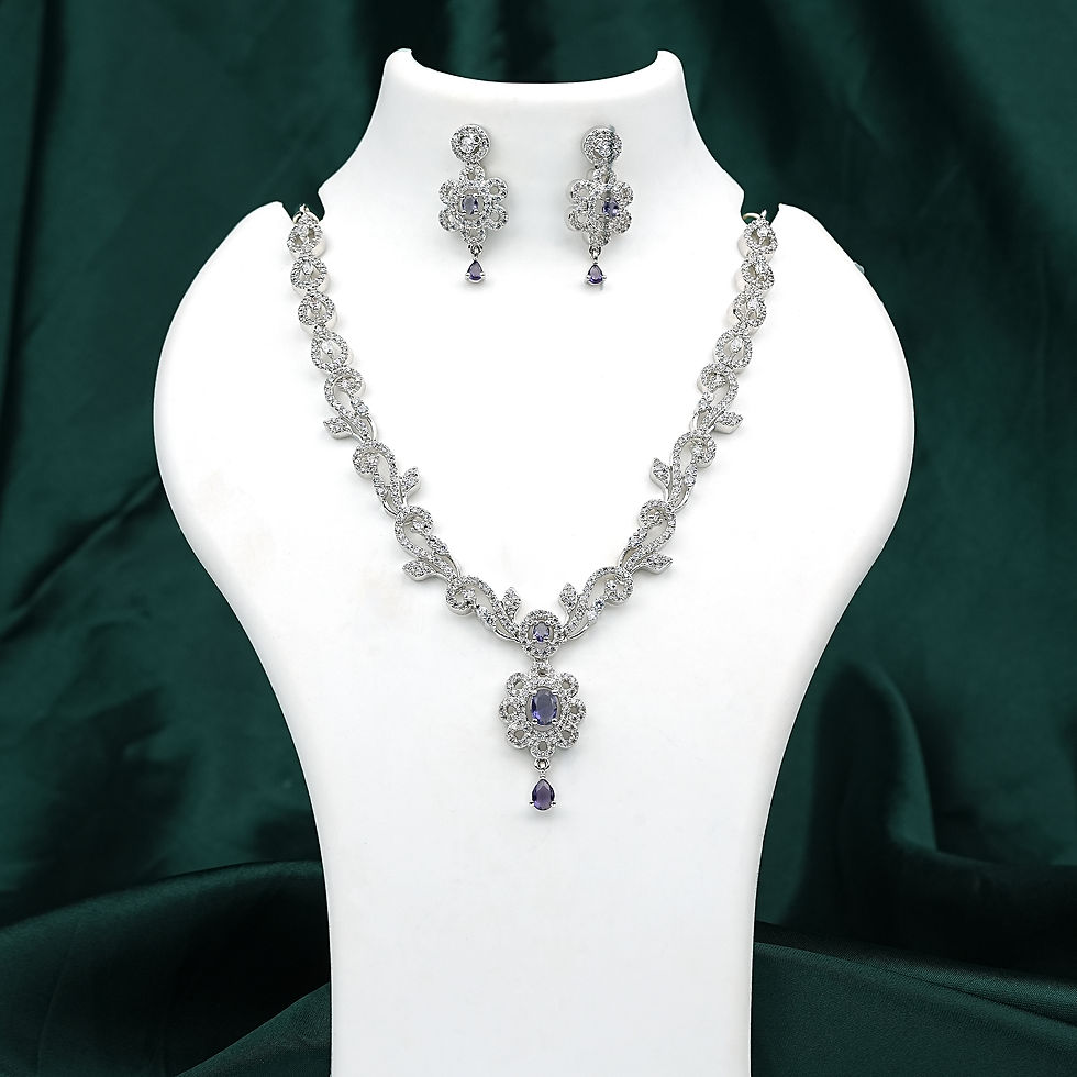 Rhodium-Plated American Diamond Necklace Set with Purple Stones