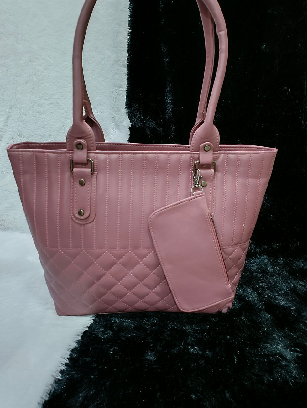Premium Quilted Pink Handbag with Matching Pouch | Stylish PU Leather Shoulder Tote for Women | Office, Travel & Daily Use Ba