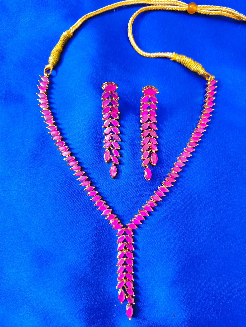 Thumbnail: 1 Gram Gold Plated Ruby Studded Designer Necklace Set with Matching Earrings | Elegant Party & Wedding Jewelry