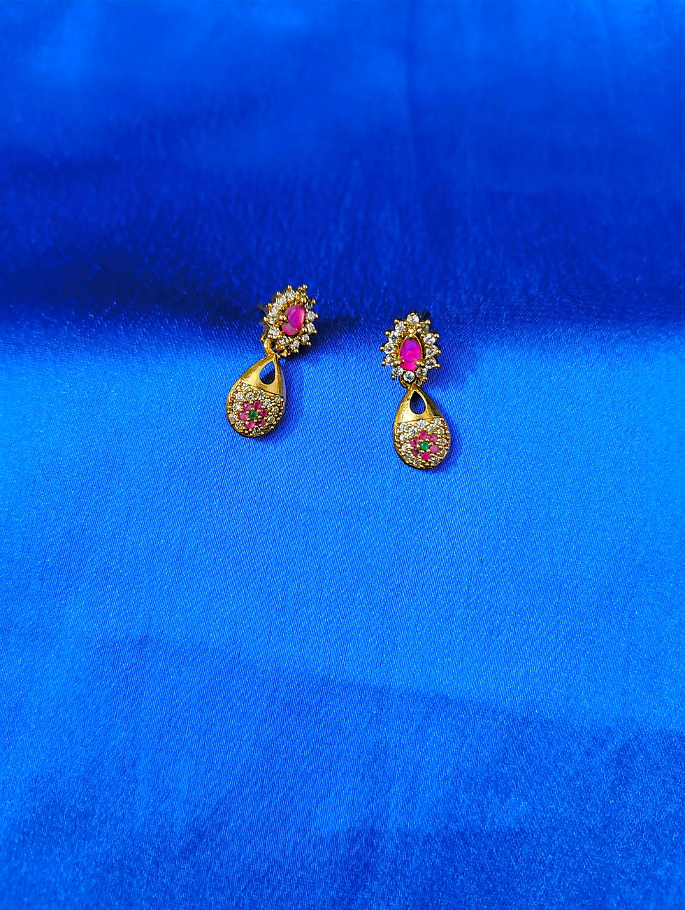 Thumbnail: Gold Plated Ruby & Emerald CZ Drop Earrings