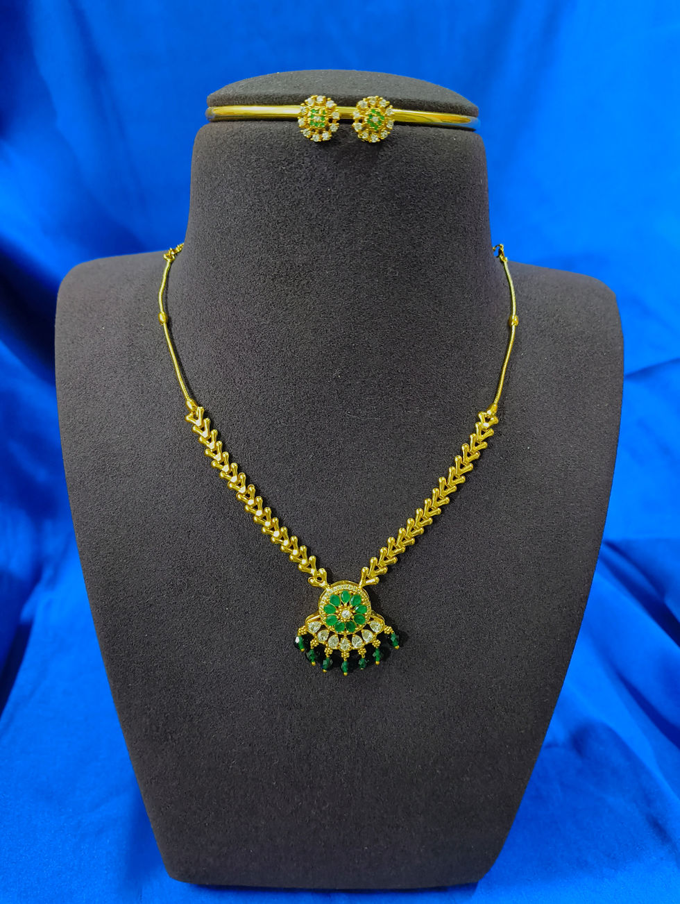 Gold Plated CZ AD Emerald Necklace Set
