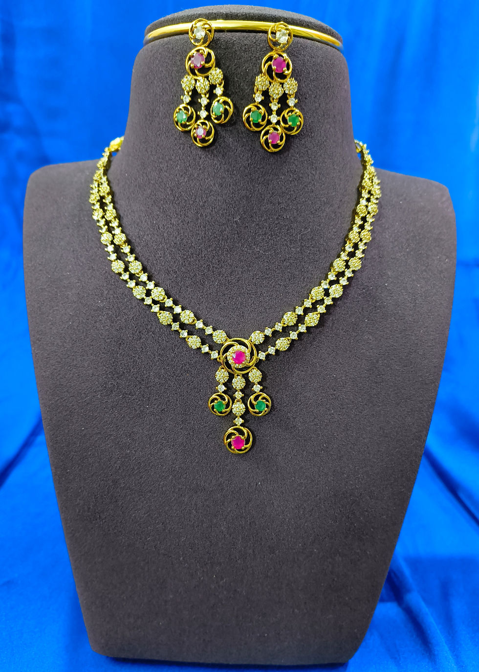 Gold Plated Ruby Emerald CZ Necklace with Earrings for Women & Girls