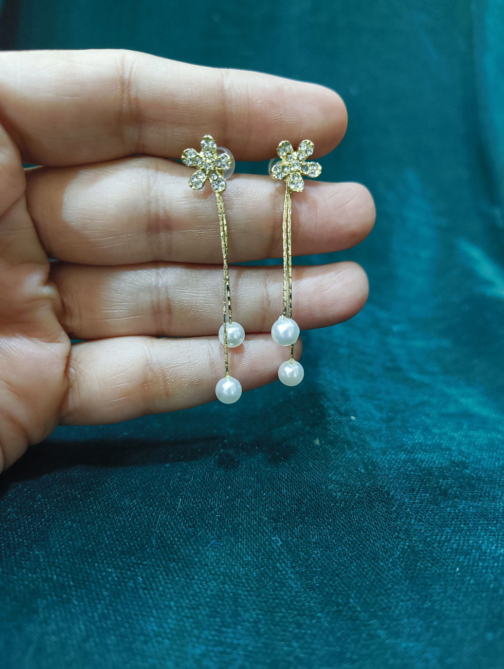 Gold Plated CZ Flower Pearl Drop Earrings for Women & Girls – Designer