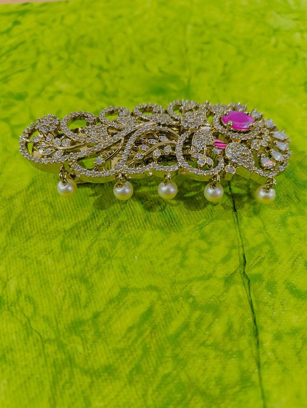 Thumbnail: 1 Gram Gold Plated Ruby CZ Studded Pearls Hair Clip