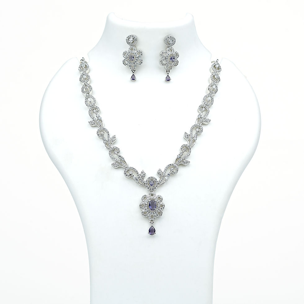 Rhodium-Plated American Diamond Necklace Set with Purple Stones
