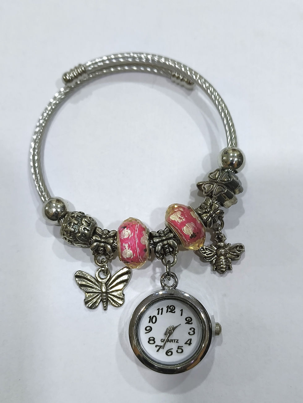 Stainless Steel Beaded Butterfly Charms Adjustable Quartz Watch Bracelet | Trendy Pink Beads Cuff Bangle for Women & Girls