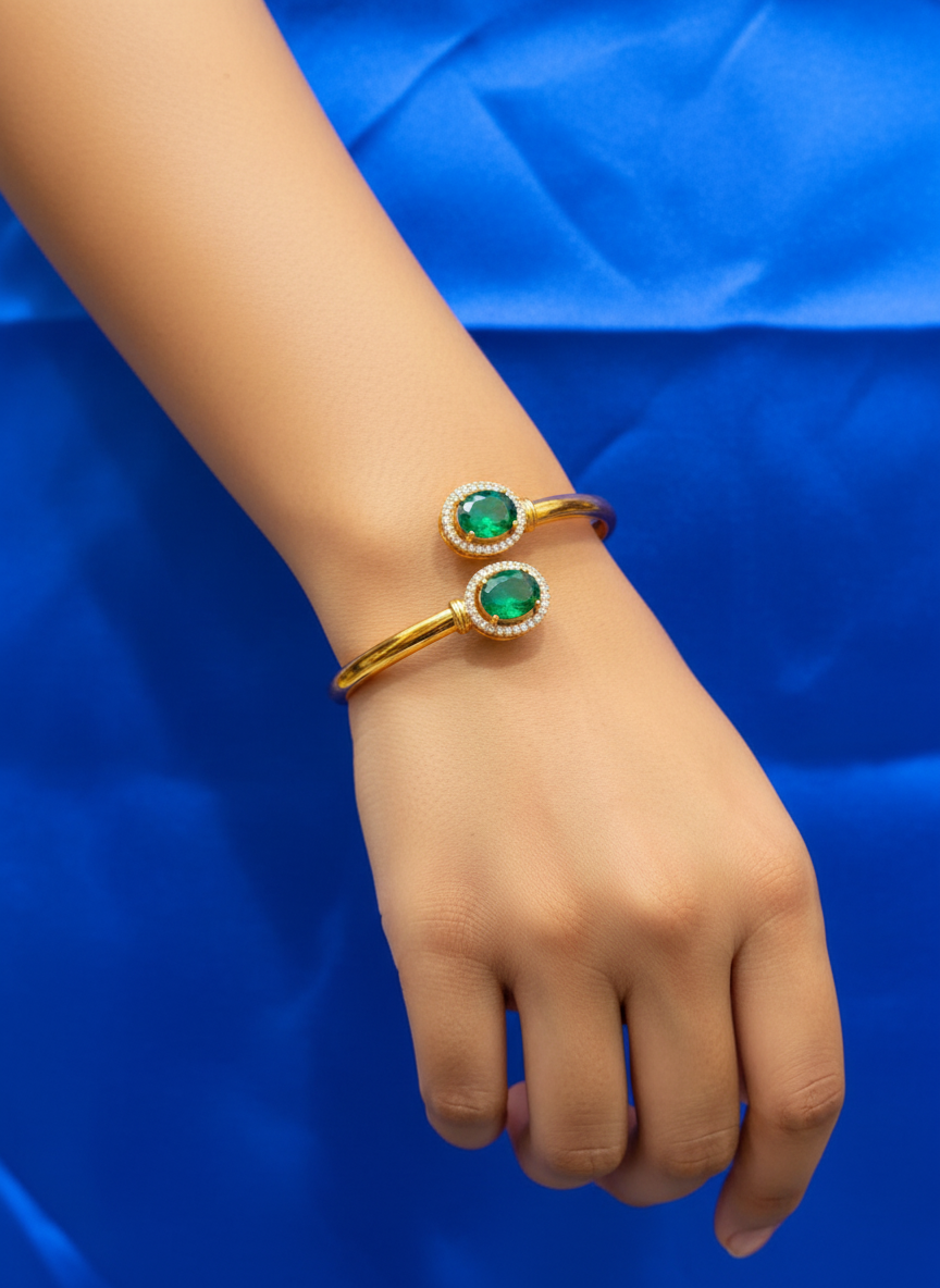 Gold Plated CZ AD Green Openable Kada Bracelet Bangle