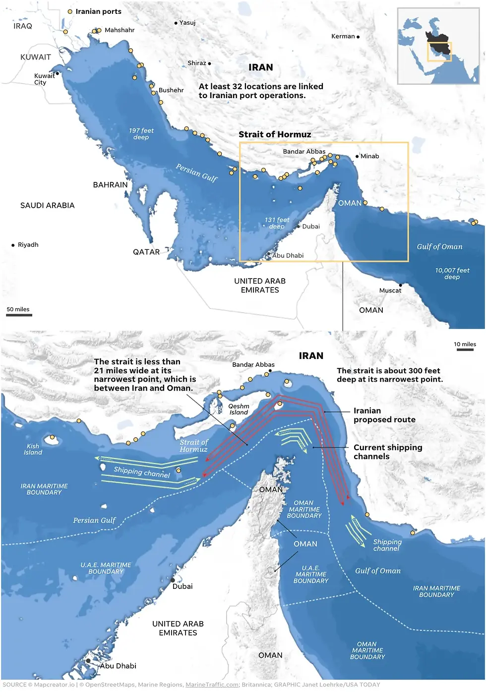 A map of Iran and shipping routes