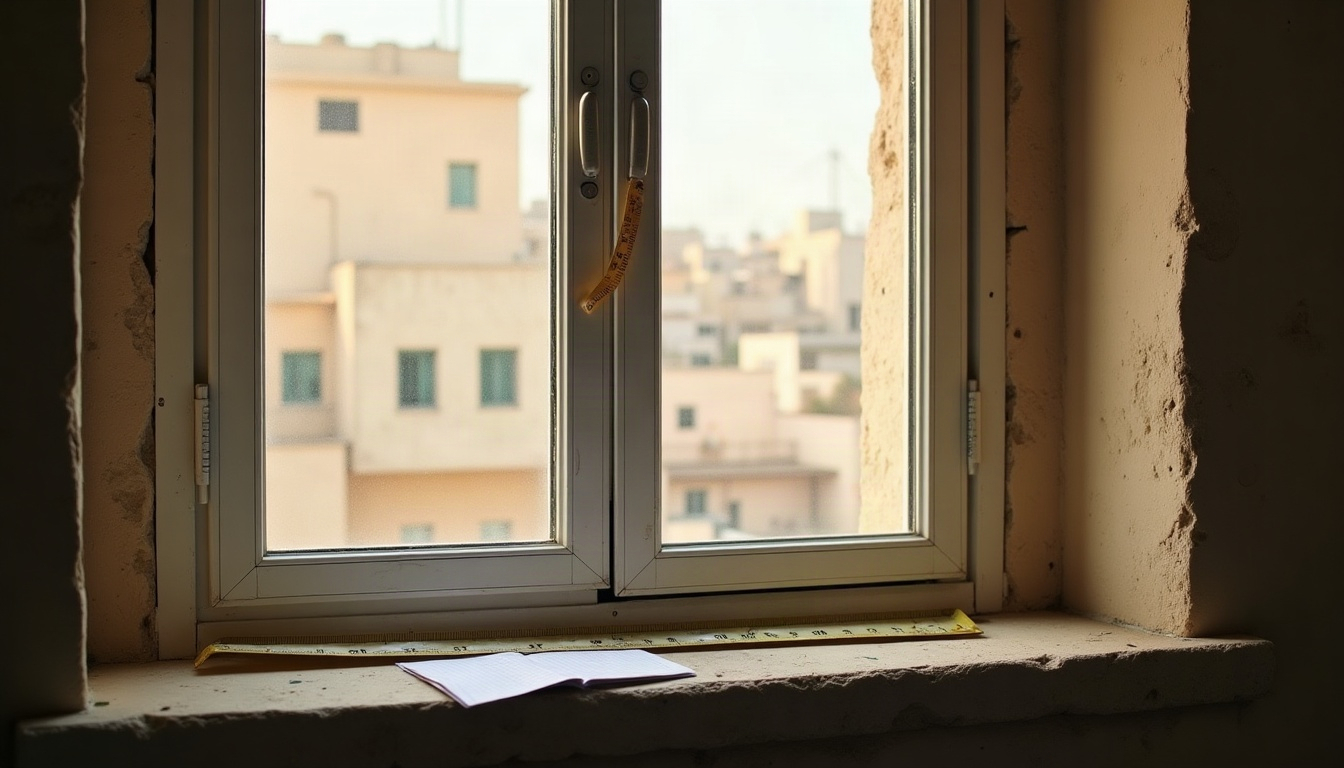 חלון בבניין ישן עם סרט מדידה מתוח לרוחב הפתח ופנקס קטן על האדן