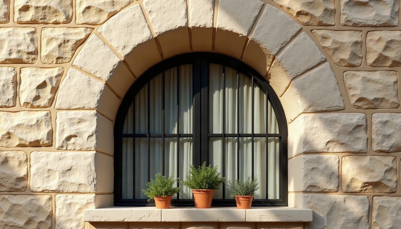 סורג חבית שחור על חלון מטבח בבניין מחופה אבן, עם עציצי תבלינים על האדן