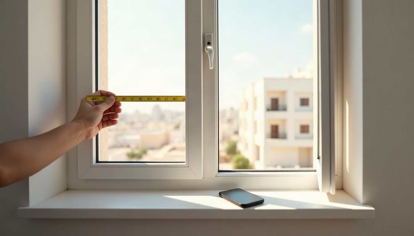 מדידת חלון בדירה עם מטר וטלפון על אדן החלון