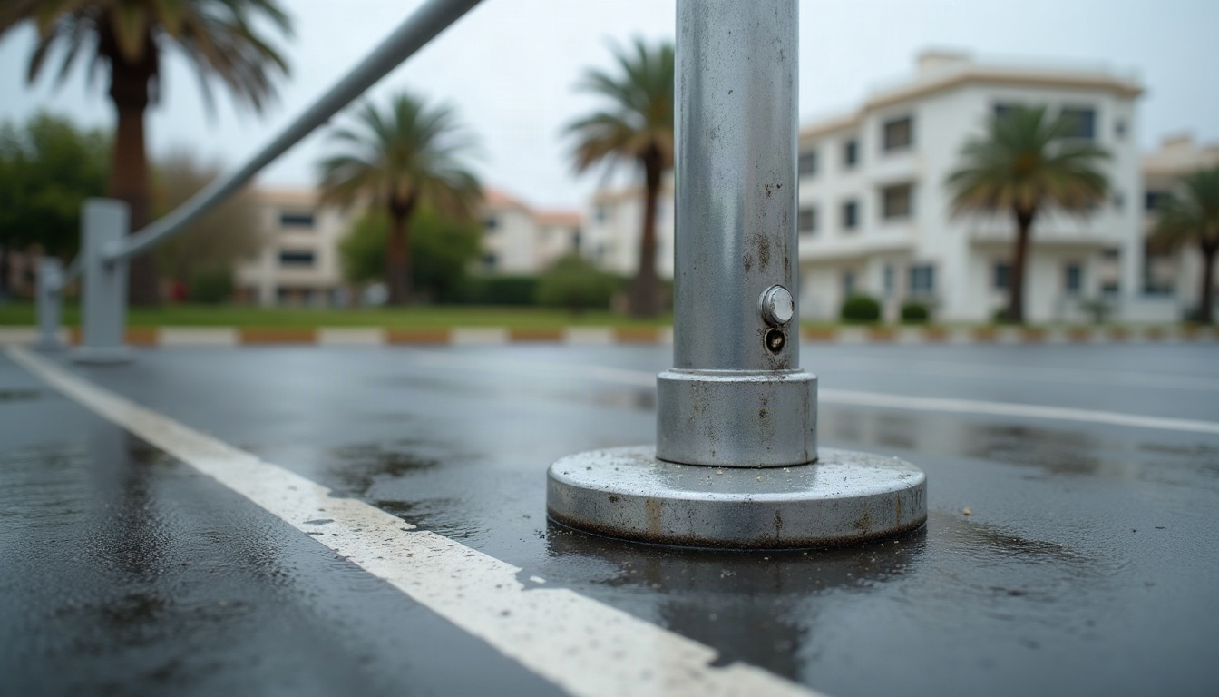 תקריב של הבסיס והמנעול של מחסום חנייה מגולוון על אספלט אחרי גשם, בחניה פתוחה ליד הים