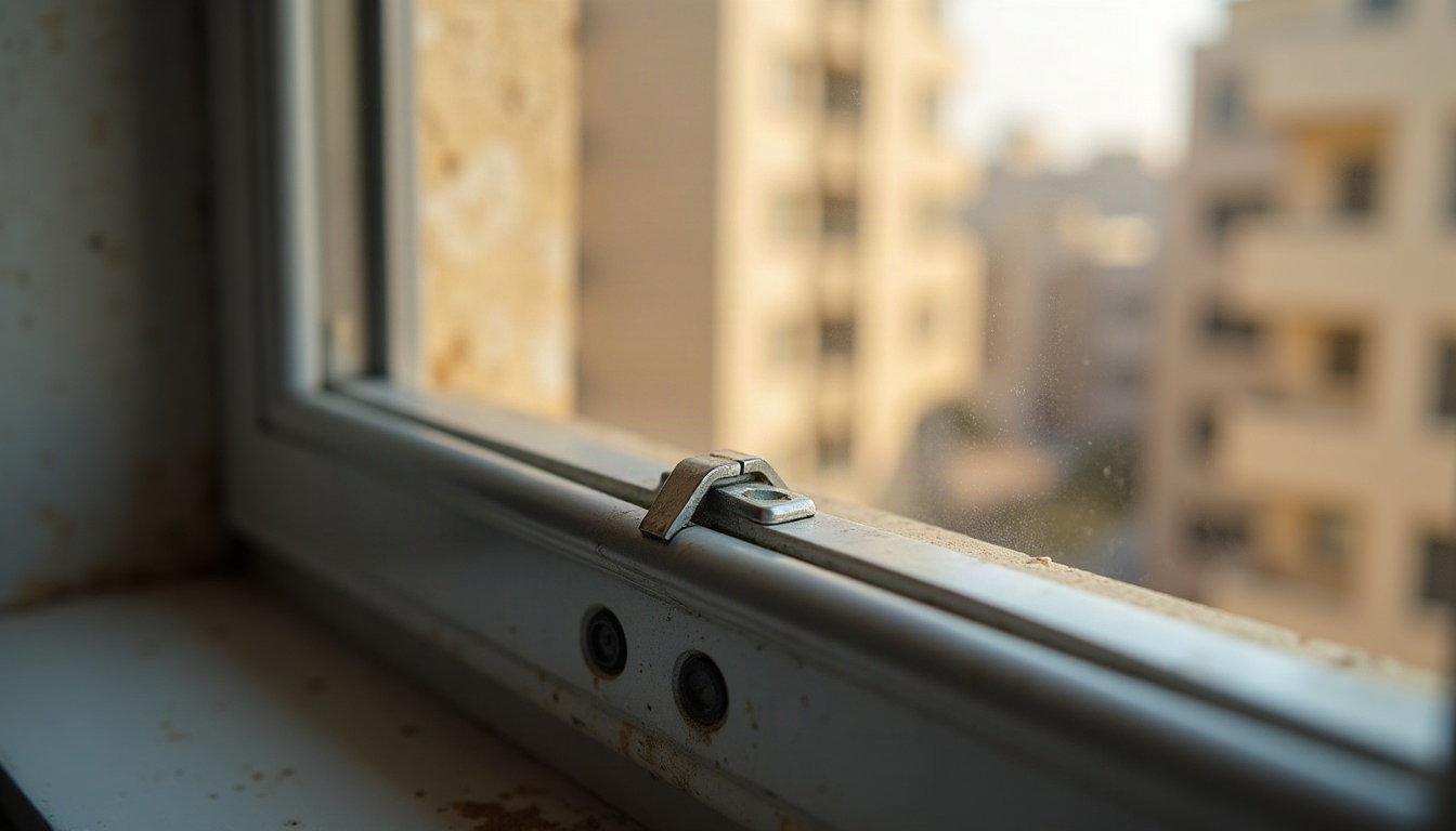 פרט של מסילה וציר מתכת בחלון בדירה