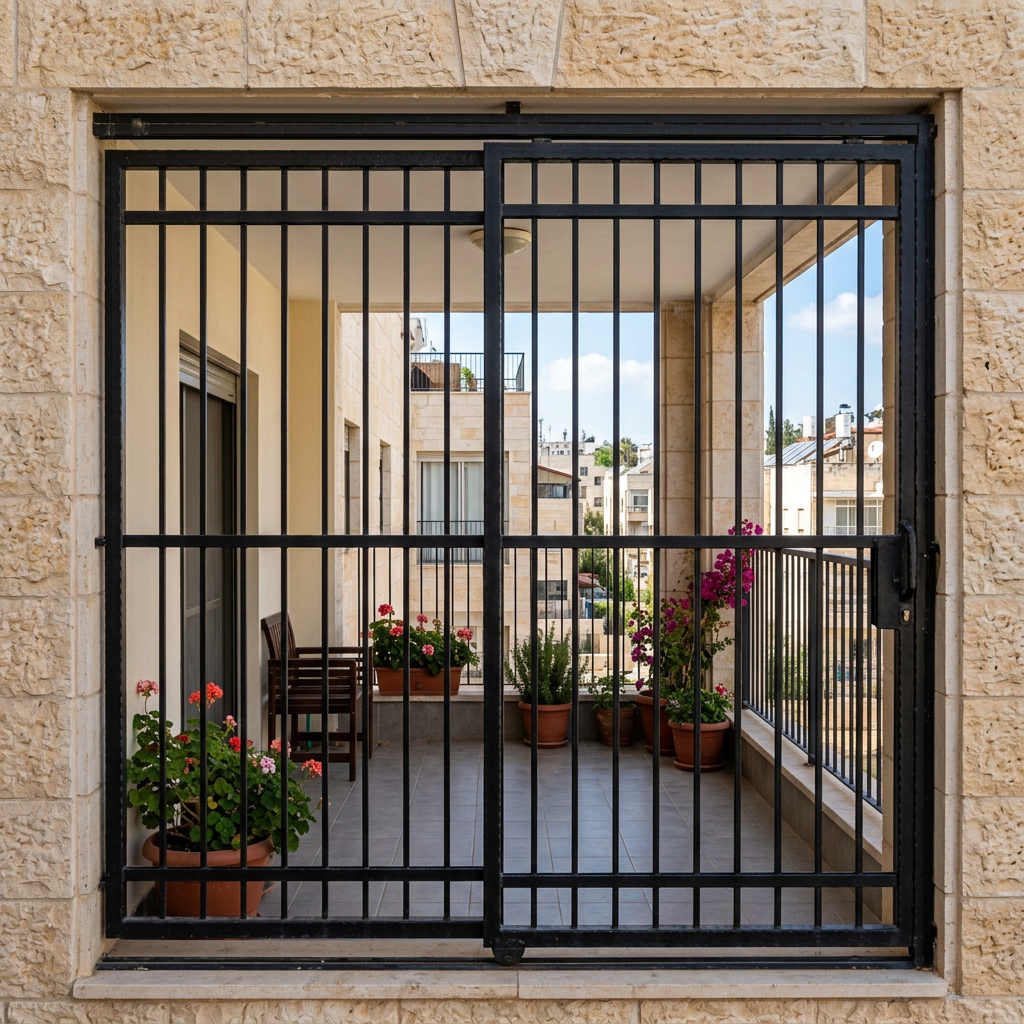 סורג ברזל מעוצב על חלון גדול ודלת צרפתית