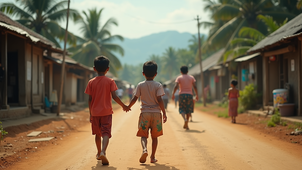 Eye-level view of a vibrant Thai village with children playing