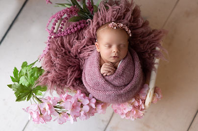 newborn baby girl wrapped in pink in a prop with florals by Fenton, Michigan Newborn Photographer Ashley Szokola Photography
