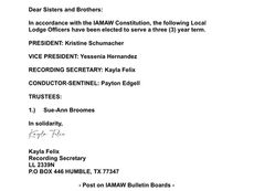 OFFICIAL ELECTION RESULTS — LOCAL LODGE 2339N IAMAW OFFICERS ELECTION