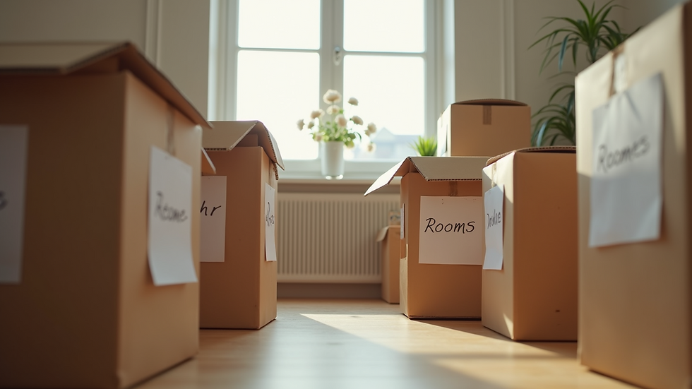 Eye-level view of packed moving boxes labeled for different rooms