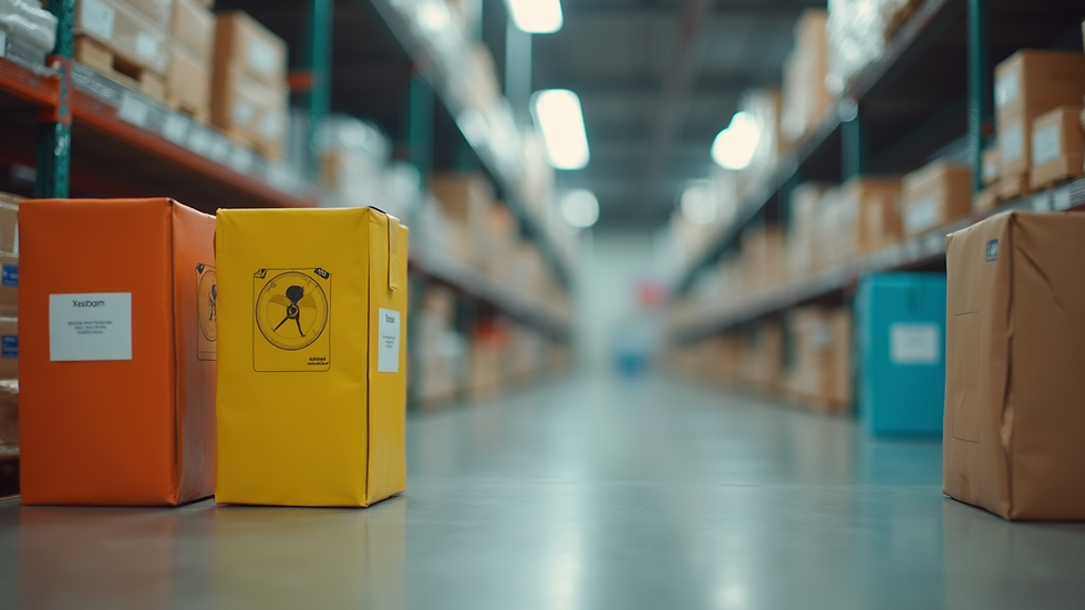 Eye-level view of color-coded moving boxes with clear labels