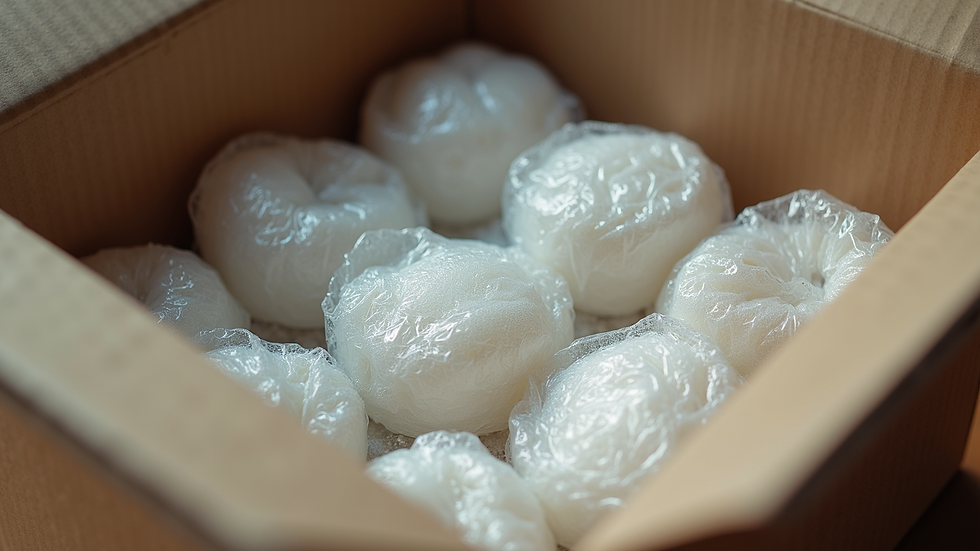 Close-up view of bubble-wrapped fragile items inside a moving box