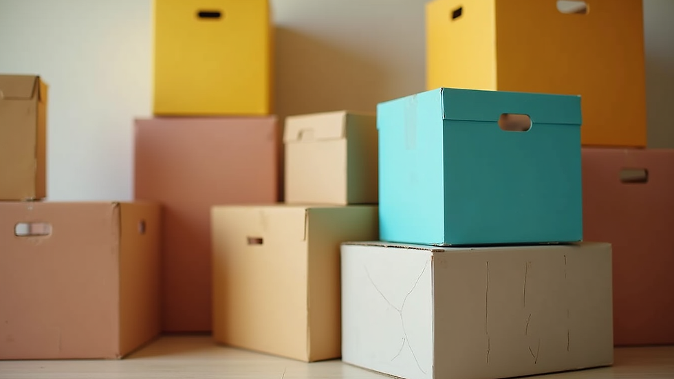 Close-up view of color-coded moving boxes stacked neatly