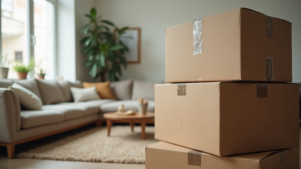 Close-up view of packed moving boxes stacked in a living room