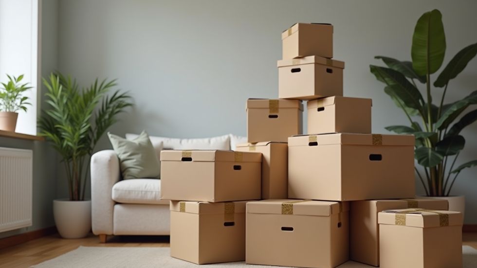 Close-up view of labeled moving boxes stacked neatly in a living room