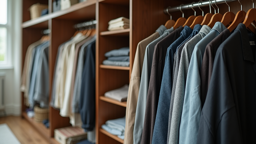 High angle view of a well-organized closet with neatly arranged clothes