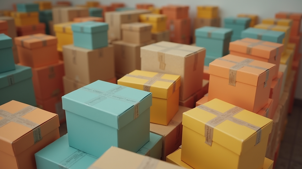 High angle view of color-coded moving boxes stacked neatly