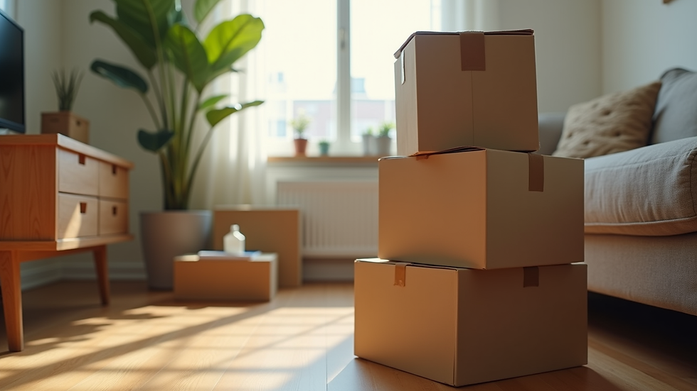 Close-up view of moving boxes stacked neatly in a Washington DC living room