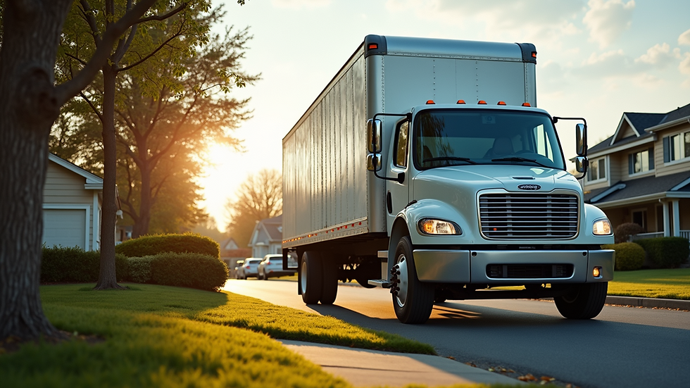 Eye-level view of a large moving truck parked outside a residential home