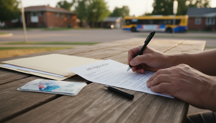 Close-up view of hands filling out a job application beside a bus pass and a folder