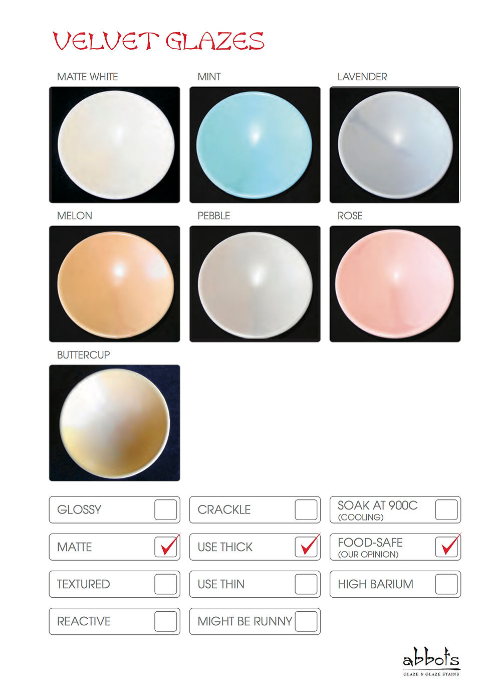 Abbots Velvet Glaze, Wellington Potters Supplies Ltd. | NZ