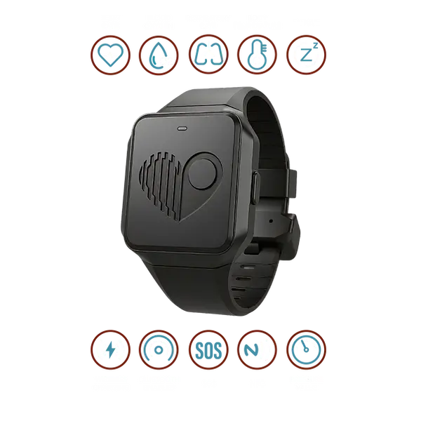 Smartwatch displaying health monitoring features including heart rate, oxygen levels, temperature, and SOS alert