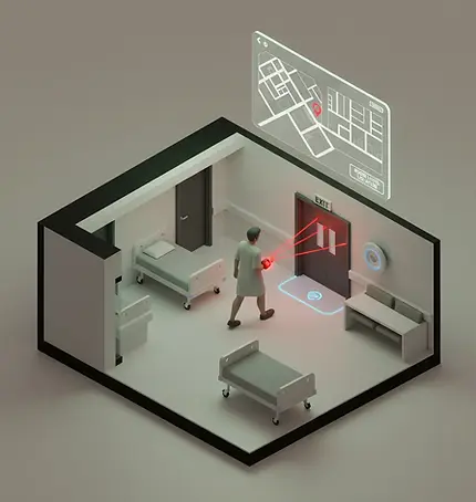 Patient wearing a biometric wearable device being monitored in a healthcare room with exit detection and real-time location t
