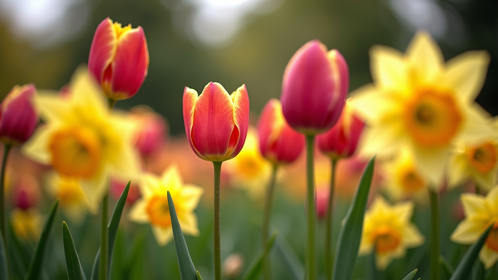 Eye-level view of a vibrant spring flower bed with tulips and daffodils