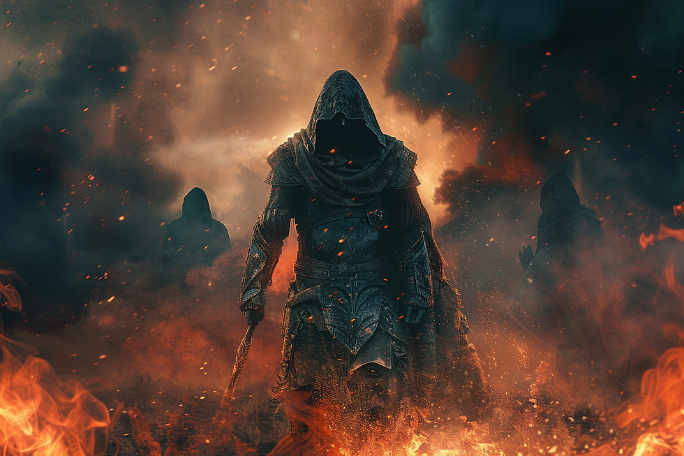 A mythic guardian figure standing between fire and family, symbolizing the reborn protector every man must become