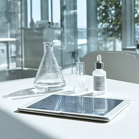 Tablet showing a simple scientific diagram beside glass droppers and a serum bottle on a w