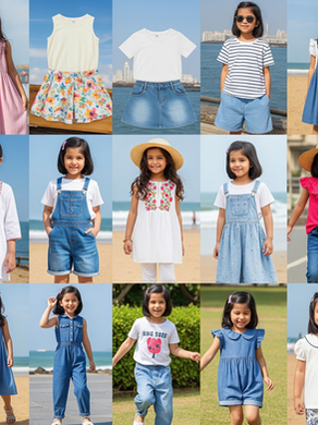 A grid of happy young girls in various pure cotton outfits, including dresses, rompers, and denim shorts, showcasing kids' fashion for Mumbai.