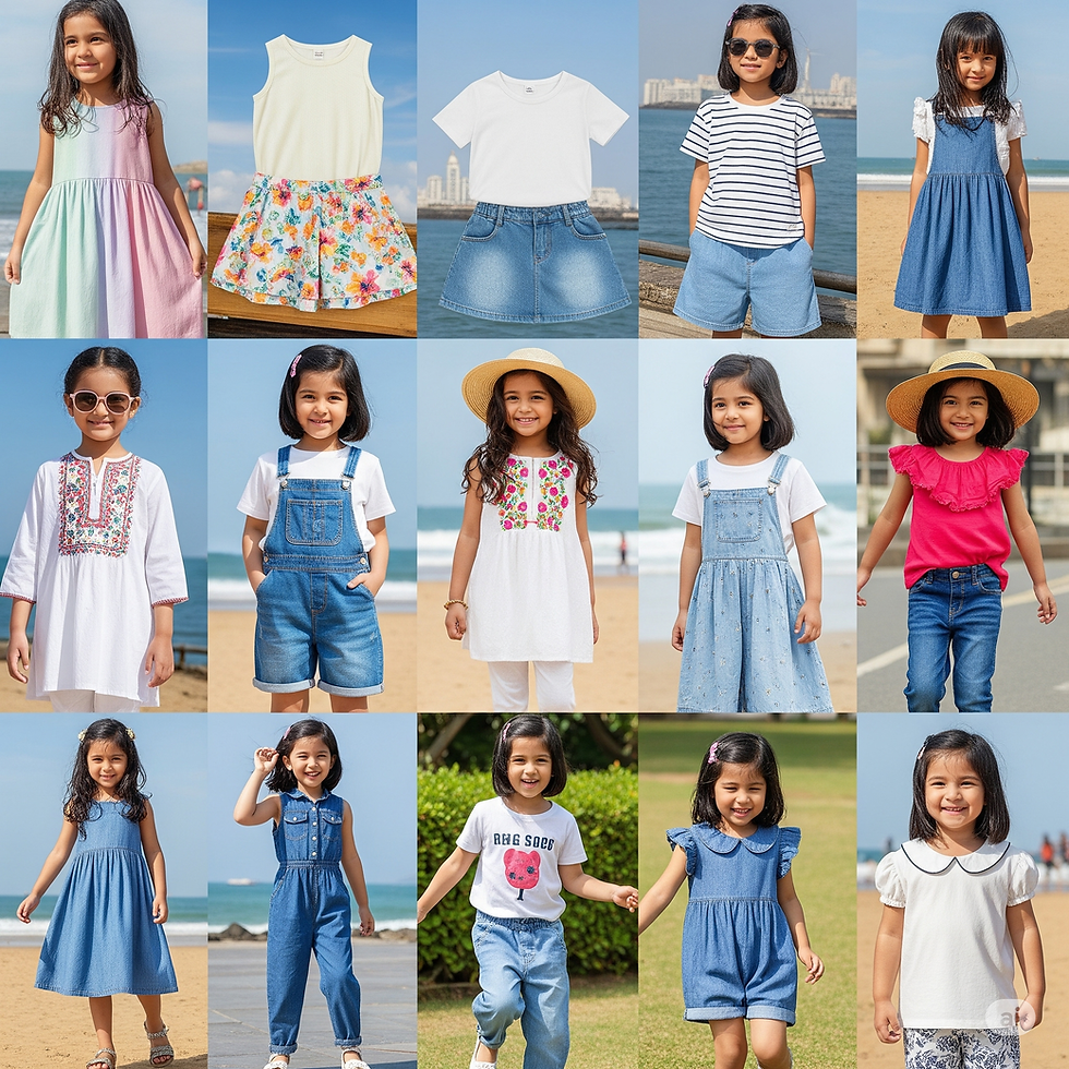 A grid of happy young girls in various pure cotton outfits, including dresses, rompers, and denim shorts, showcasing kids' fashion for Mumbai.