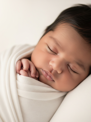 Close-up of a peacefully sleeping Indian newborn baby gently swaddled in a white cotton blanket.
